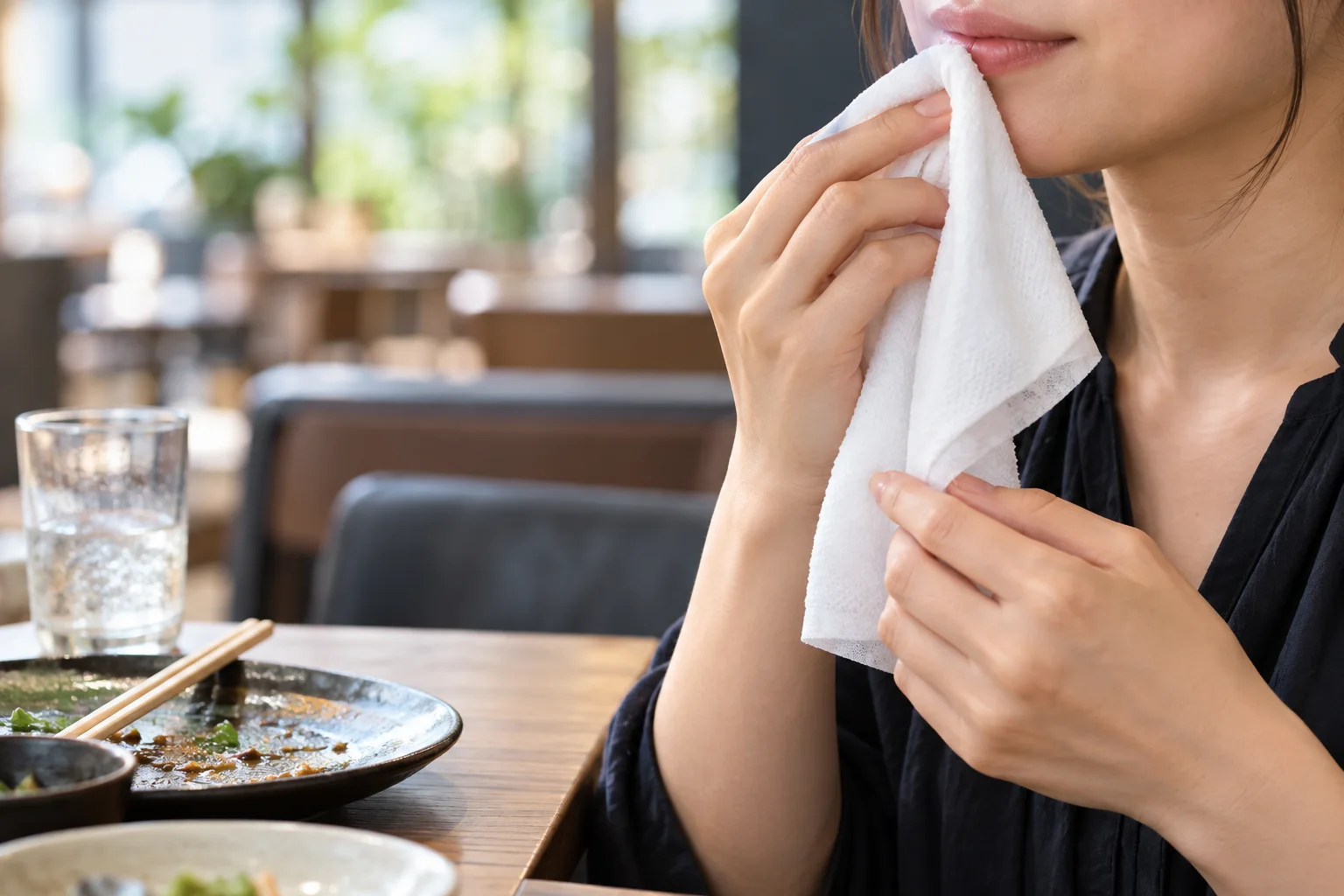 食後におしぼりで口元をさっぱりと拭く利用イメージ