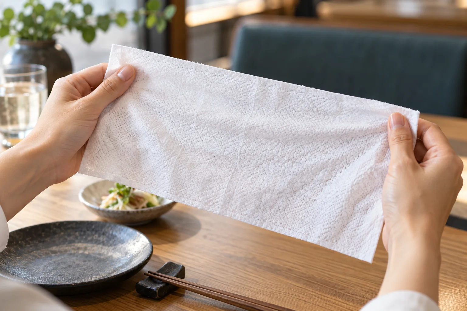 両手で広げたおしぼりの厚みと大きさを確かめる利用イメージ