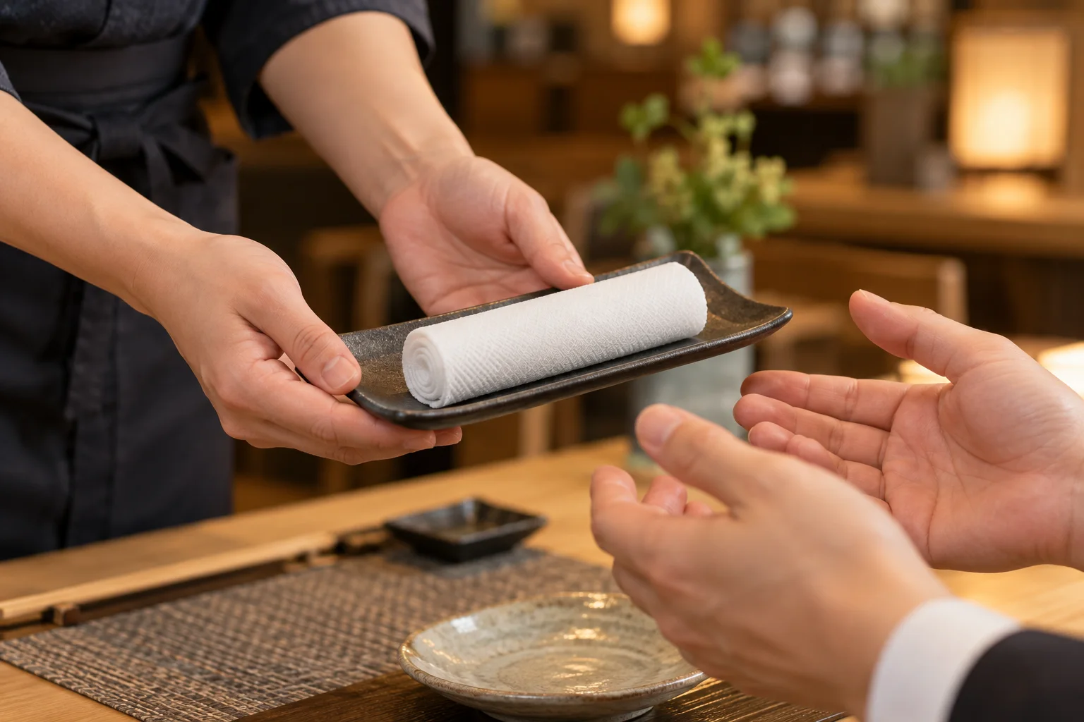 飲食店スタッフが来店客へ温かいおしぼりを差し出す利用イメージ