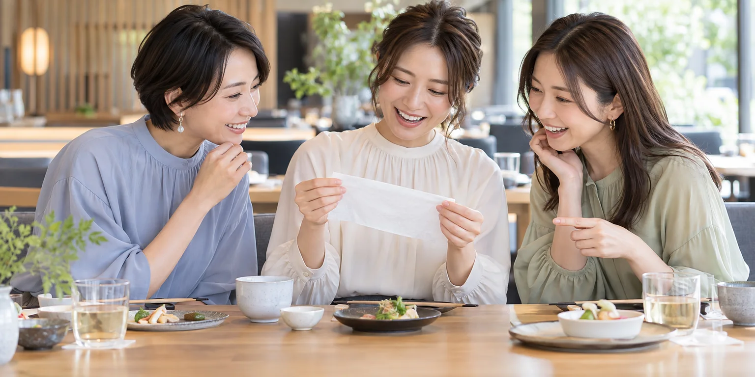 飲食店で白いおしぼりを手に取り、笑顔で会話する3人の女性の利用イメージ