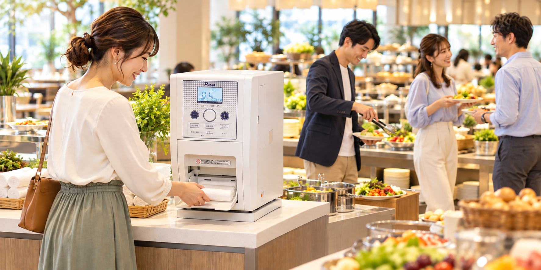 賑やかなビュッフェ会場で自動おしぼり機Purusからおしぼりを取り出す利用イメージ